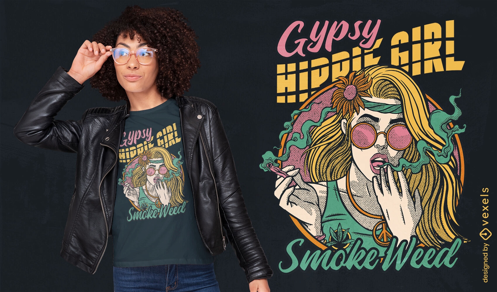 Design de camiseta de garota hippie fumando maconha