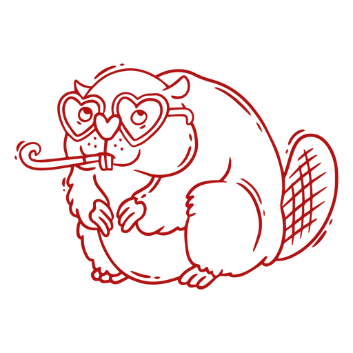 Red drawing of a beaver with glasses and a pipe PNG Design
