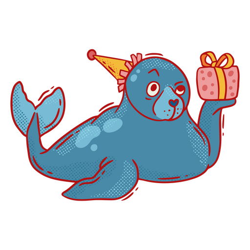 Seal in a birthday hat holding a gift PNG Design