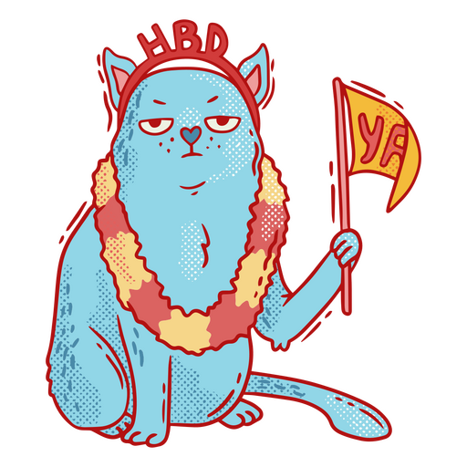 Blaue Katze trägt einen hawaiianischen Lei und hält eine Flagge PNG-Design