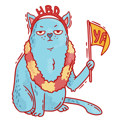 Blue cat wearing a hawaiian lei and holding a flag PNG Design