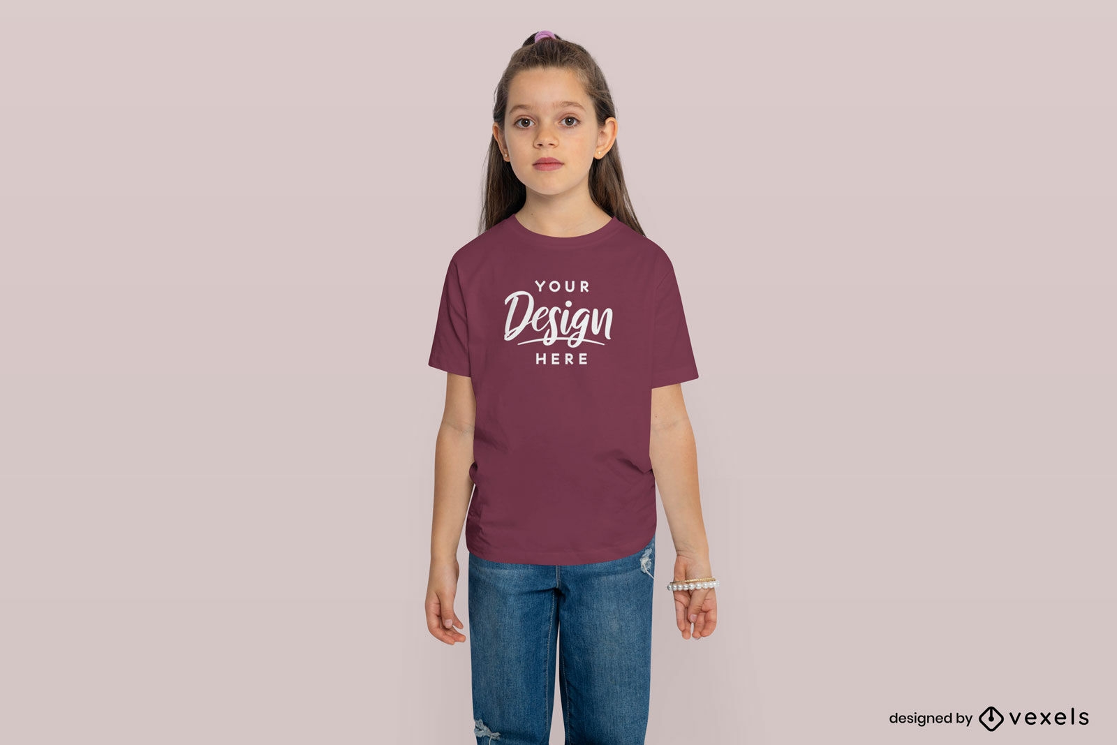 Little girl in ponytail and t-shirt mockup