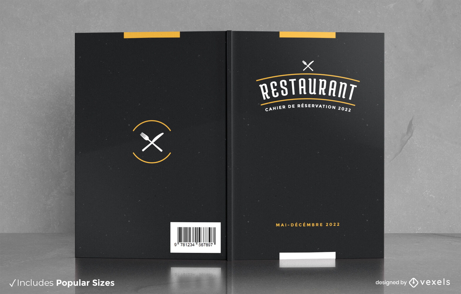 Diseño de portada de libro de reserva de restaurante.