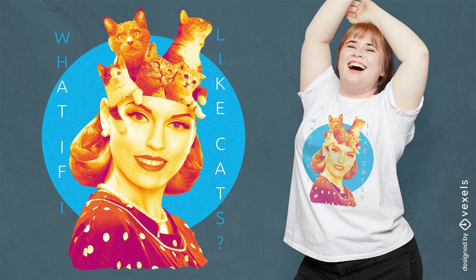 Woman with kittens on her head t-shirt design
