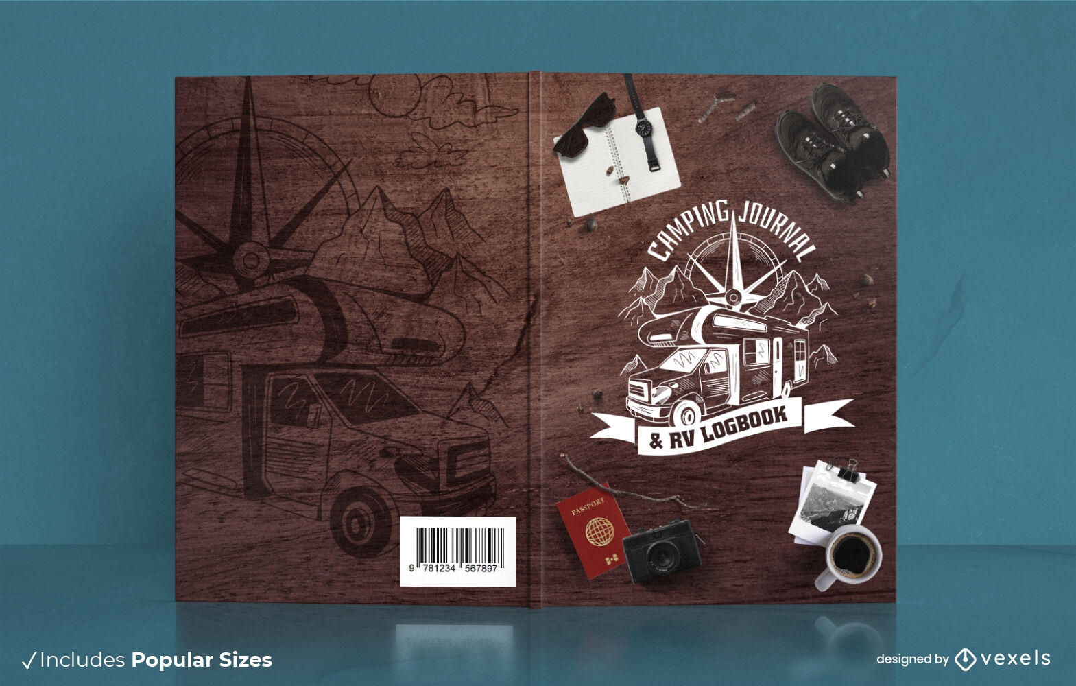 Design de capa de livro de jornal de van de acampamento