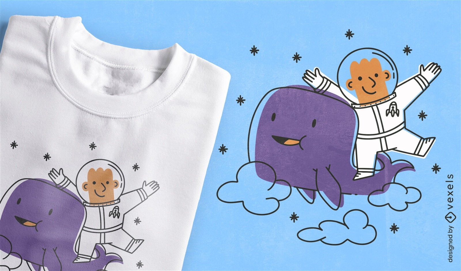 Design de camiseta de astronauta e baleia