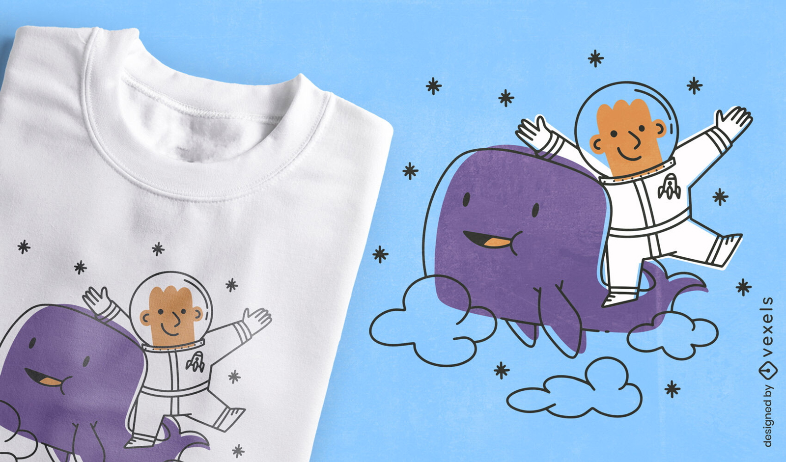 Diseño de camiseta de astronauta y ballena.
