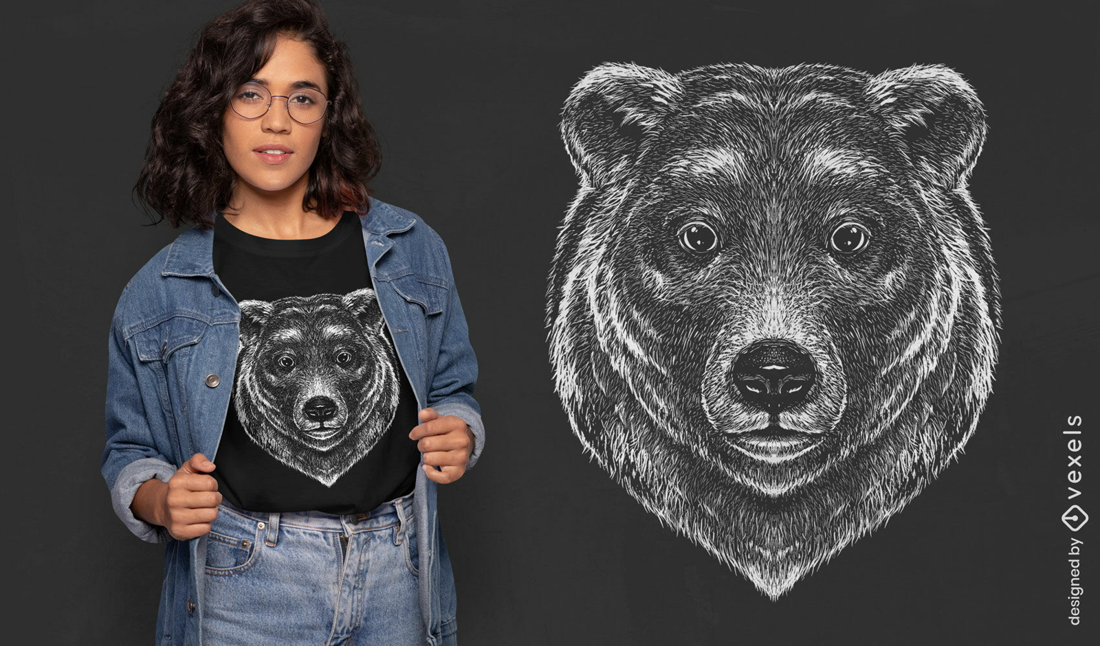 Design detalhado de camiseta com cara de urso pardo