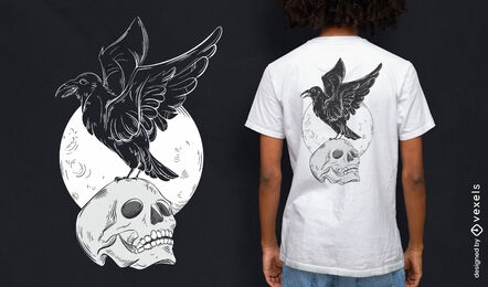 Corvo preto em um design de camiseta de caveira