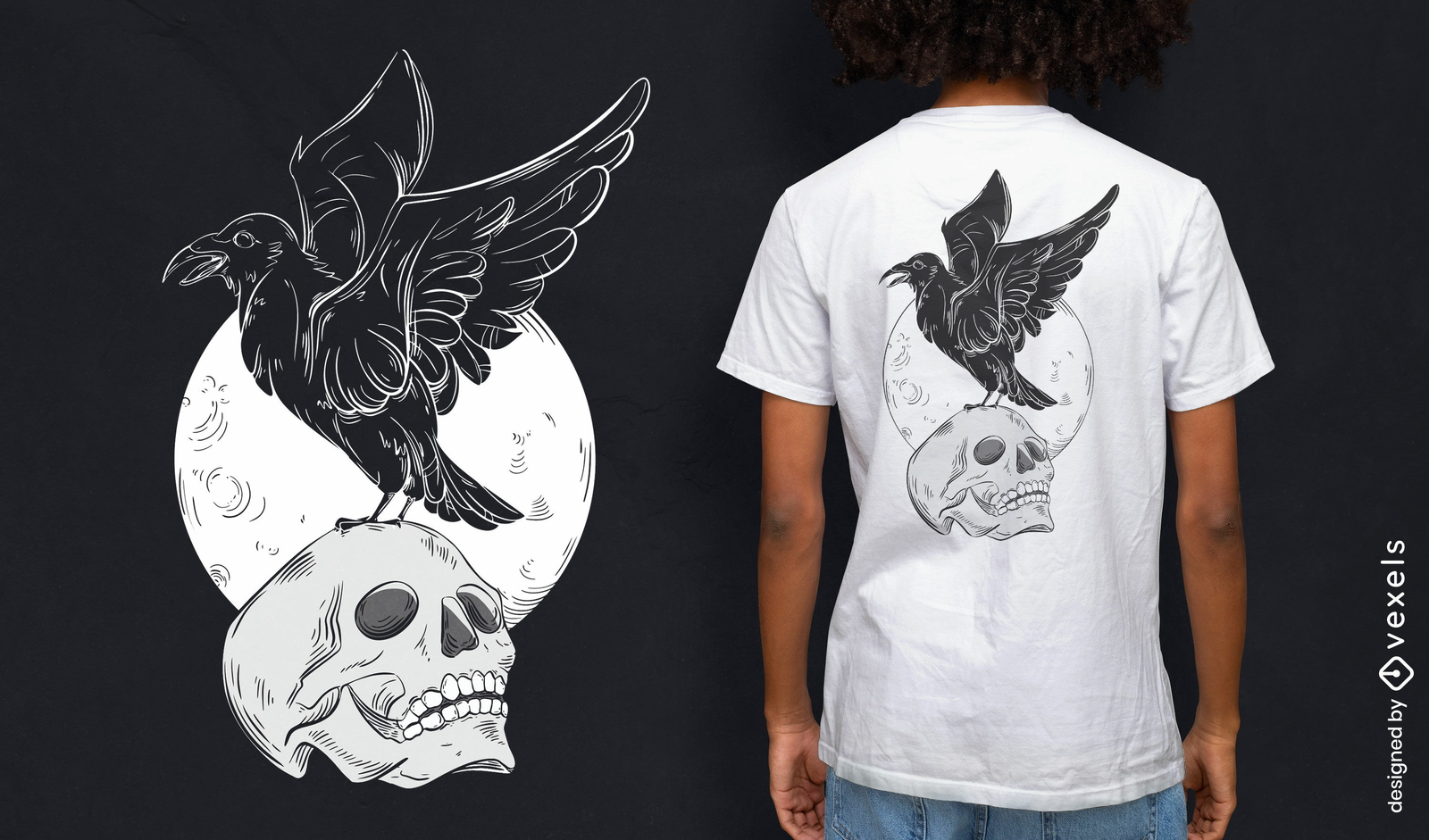 Cuervo negro en un diseño de camiseta de calavera.