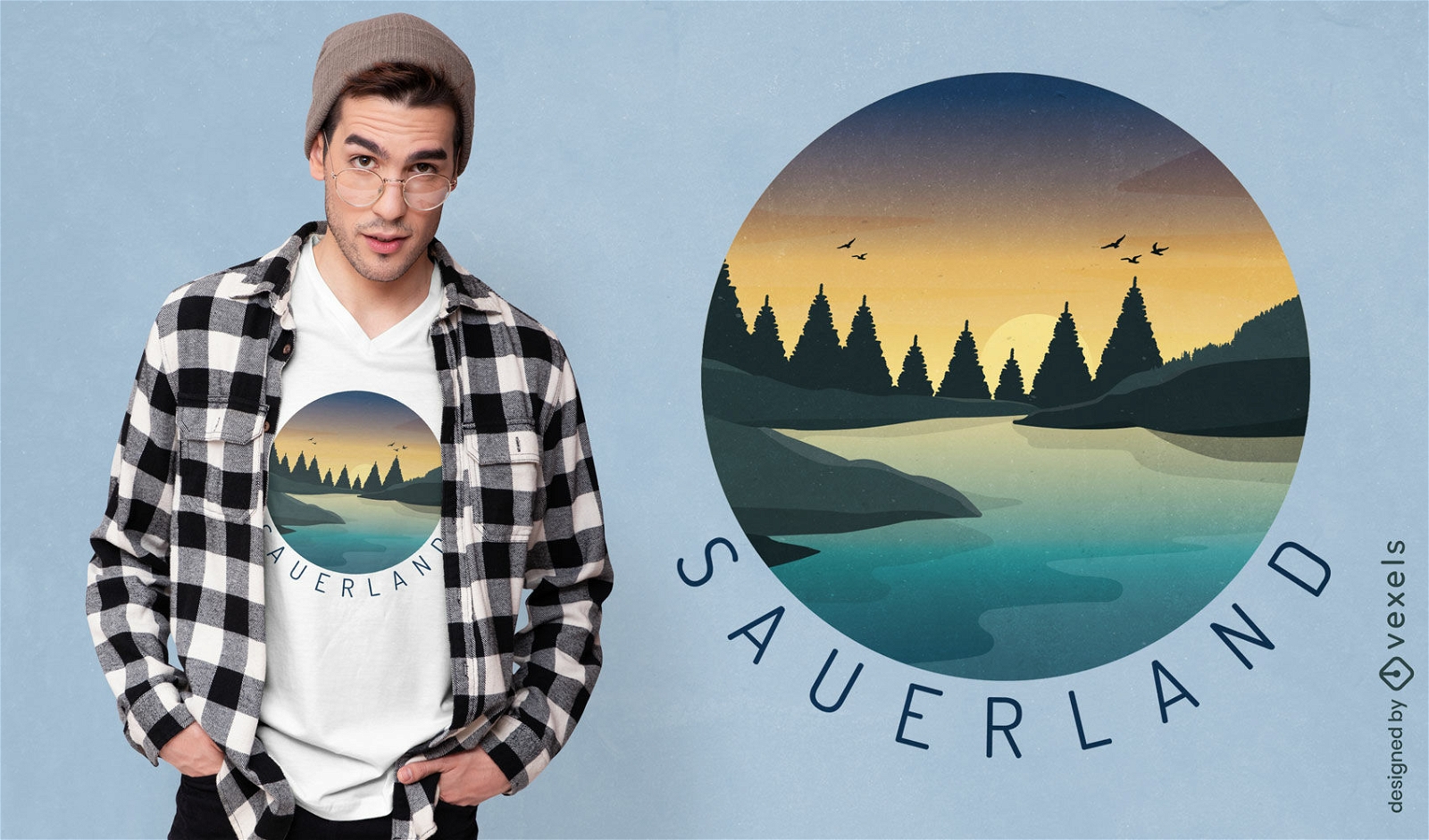 Diseño de camiseta de paisaje de lago de amanecer