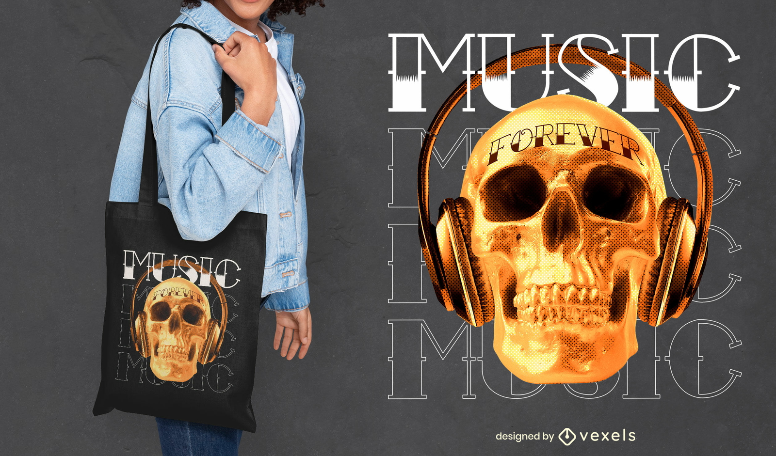 Diseño de tote bag calavera con auriculares dorados