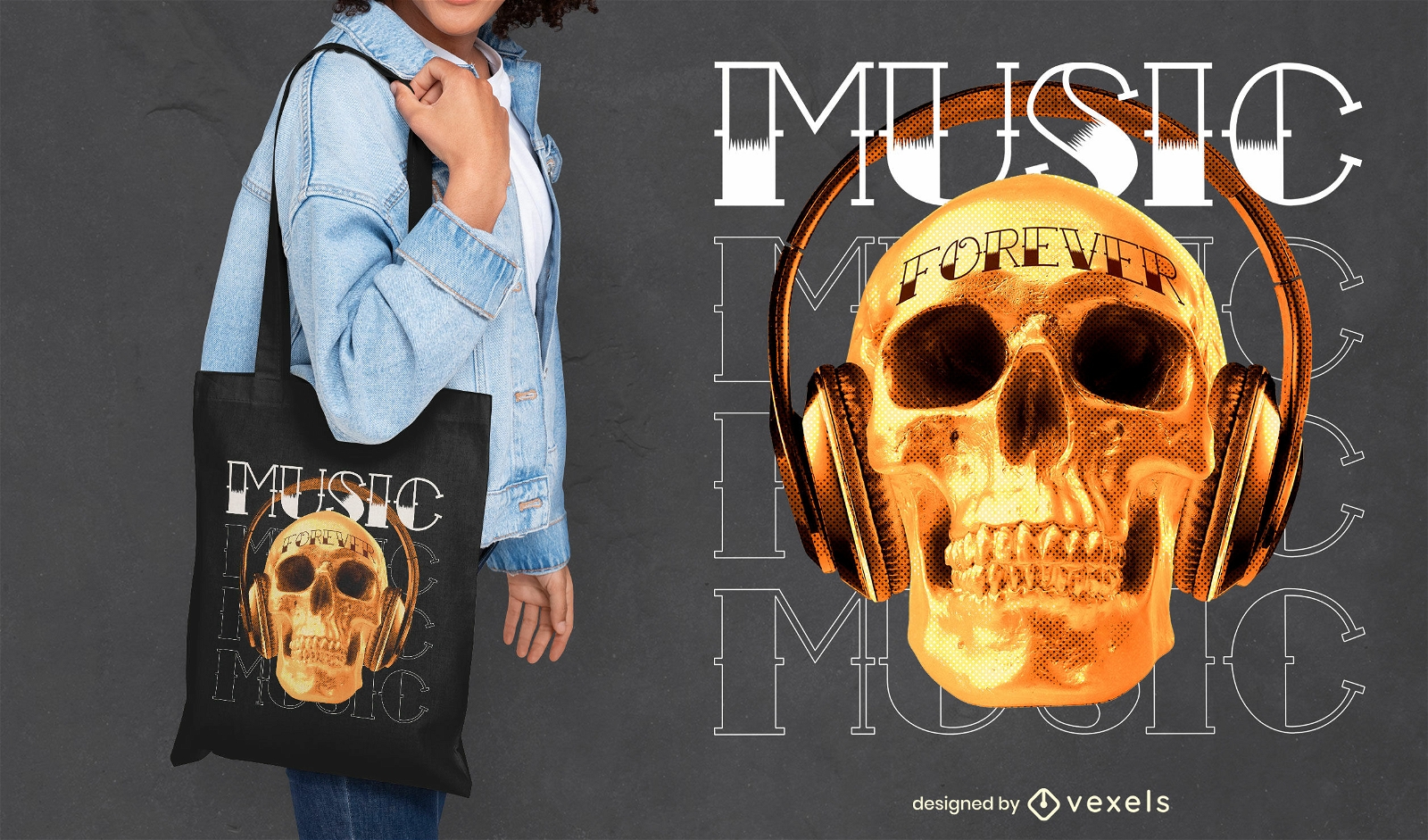 Skull with golden headphones tote bag design