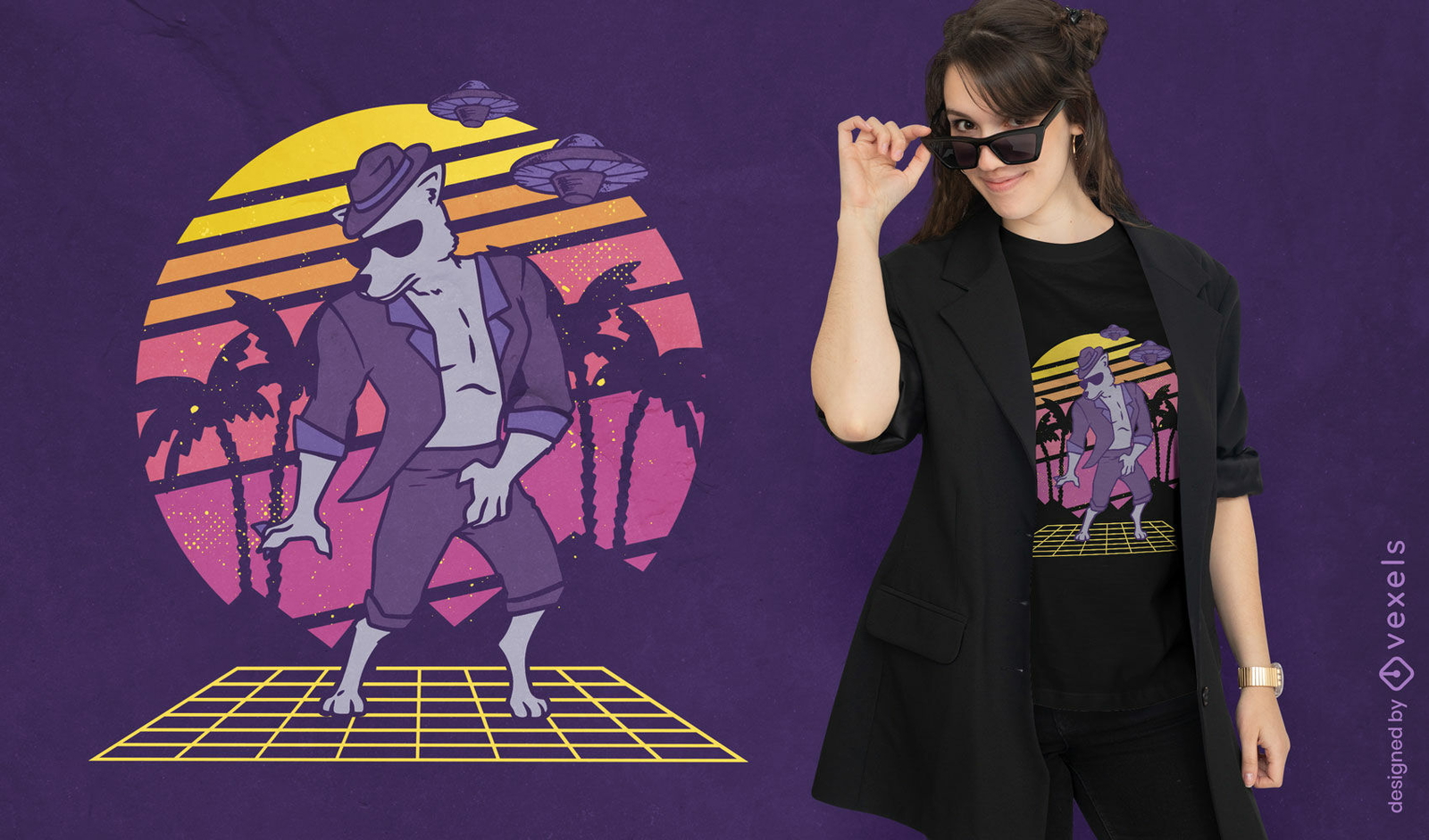 Hombre lobo bailando en diseño retro de camiseta de puesta de sol