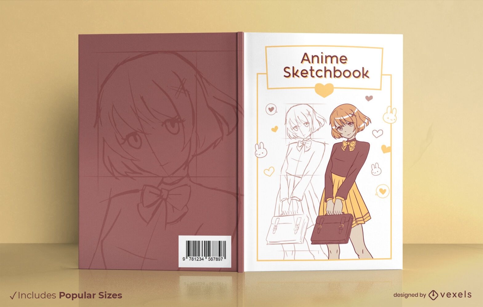 Diseño de portada de libro de bocetos de chica anime