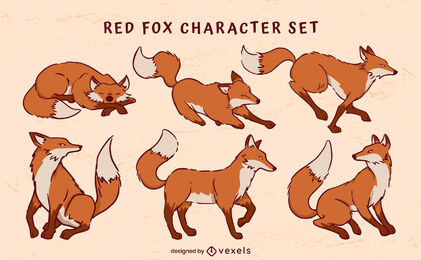 Adorable red fox animals color stroke set