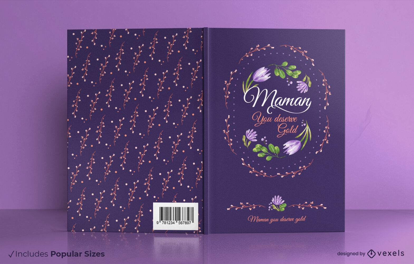 Design de capa de livro de natureza de flores roxas