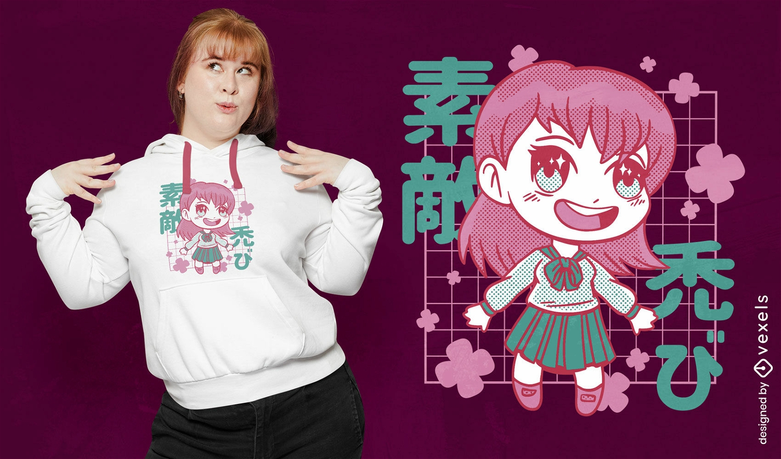 Chibi florales Anime-Mädchen-T-Shirt-Design