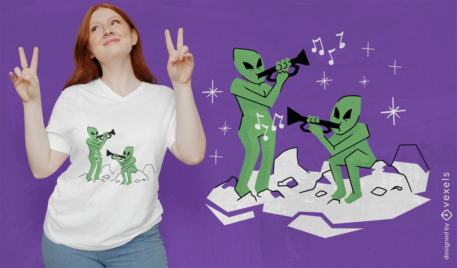 Diseño de camiseta de extraterrestres tocando trompetas.
