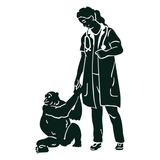 Woman in a lab coat is petting a gorilla PNG Design