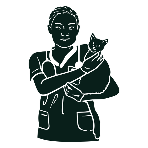 Ilustração em preto e branco de uma enfermeira segurando um gato Desenho PNG