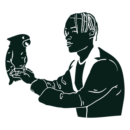 Black and white drawing of a man holding a bird PNG Design