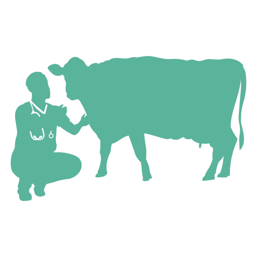 Silhouette of a cow with a doctor kneeling next to it PNG Design