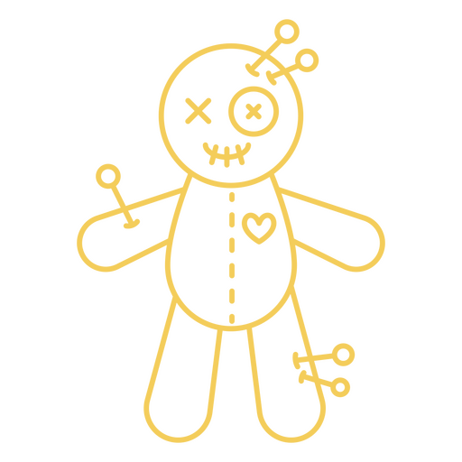 Gold line icon of a stuffed doll with scissors and a heart PNG Design