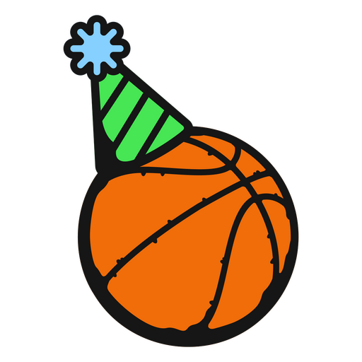 Pelota de baloncesto con un gorro de fiesta. Diseño PNG