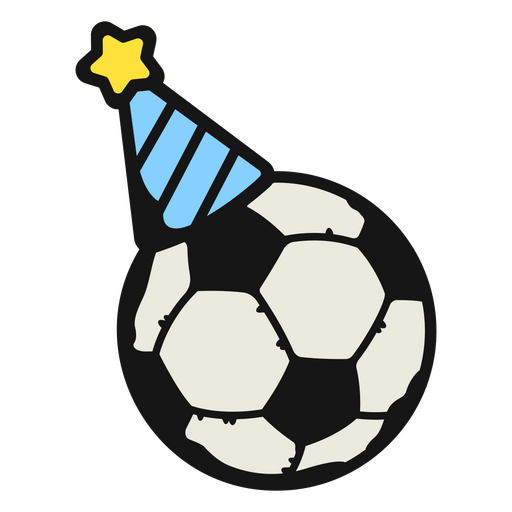 Balón de fútbol con un gorro de cumpleaños. Diseño PNG