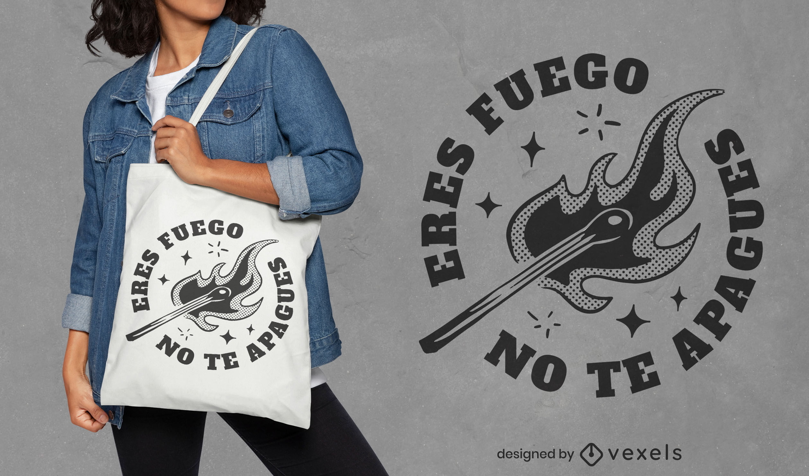 Diseño de bolsa de asas con cita en español de Eres fuego