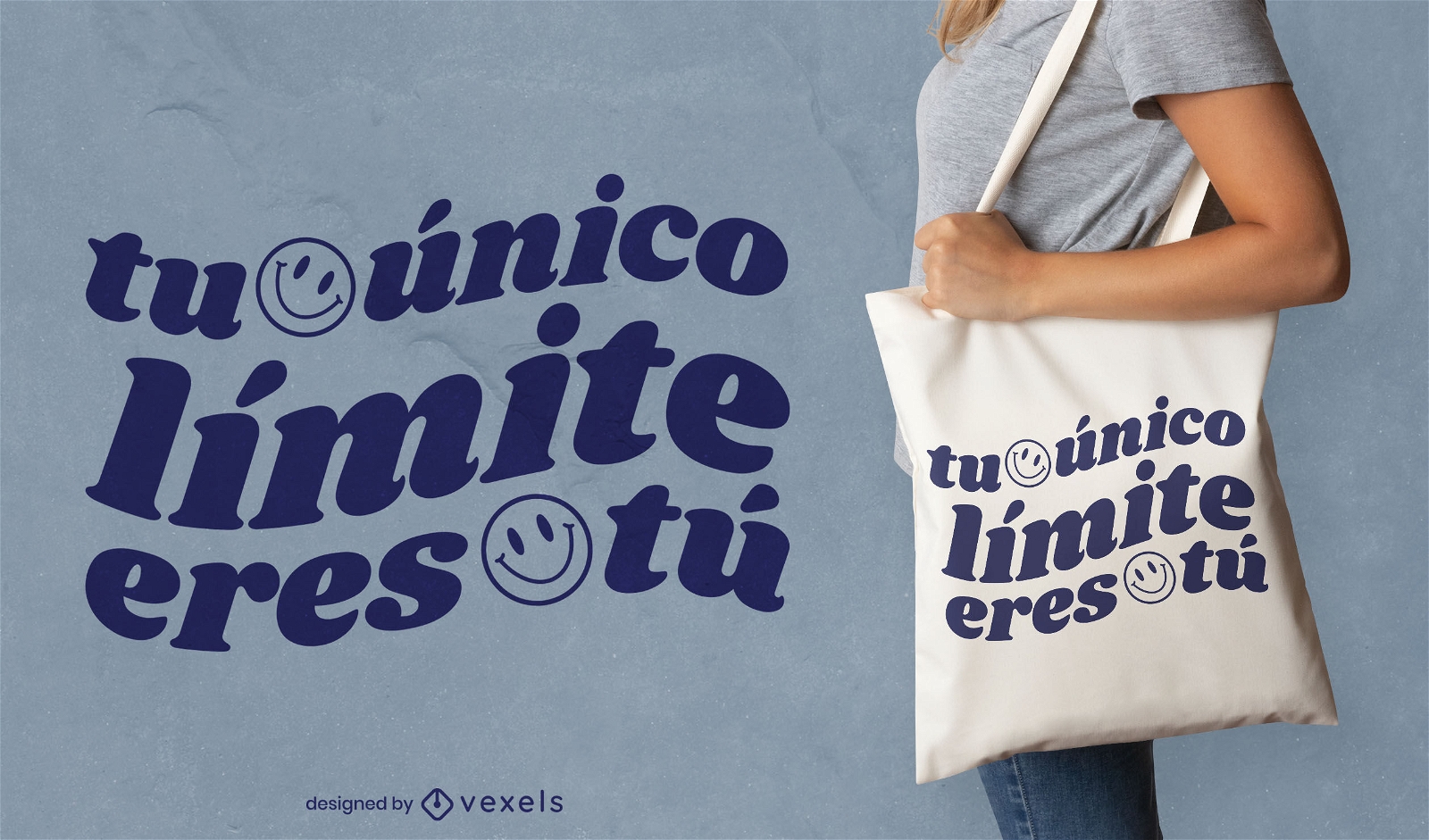 Design de sacola com citação em espanhol de rosto sorridente