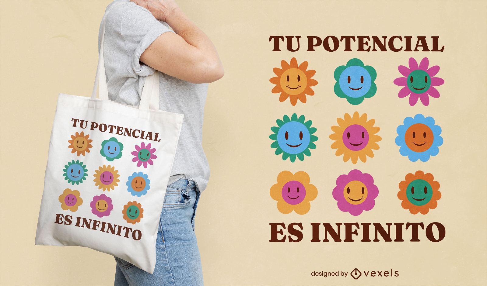 Diseño de tote bag con flores y frases en español