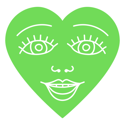 Corazón verde con ojos y una sonrisa. Diseño PNG