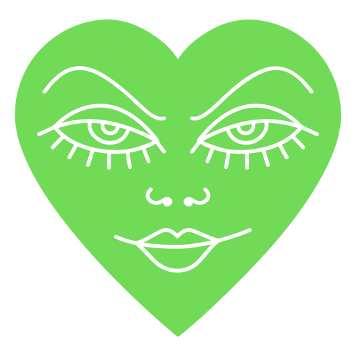Corazón verde con una cara alienígena. Diseño PNG