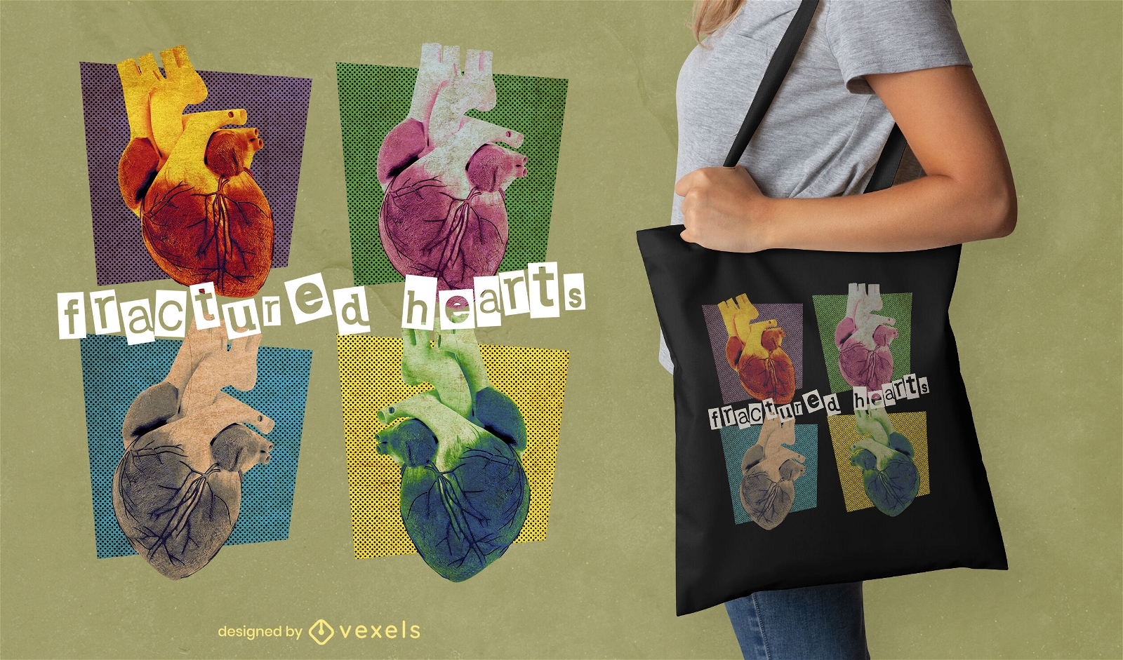 Diseño de bolso tote colorido con corazones anatómicos