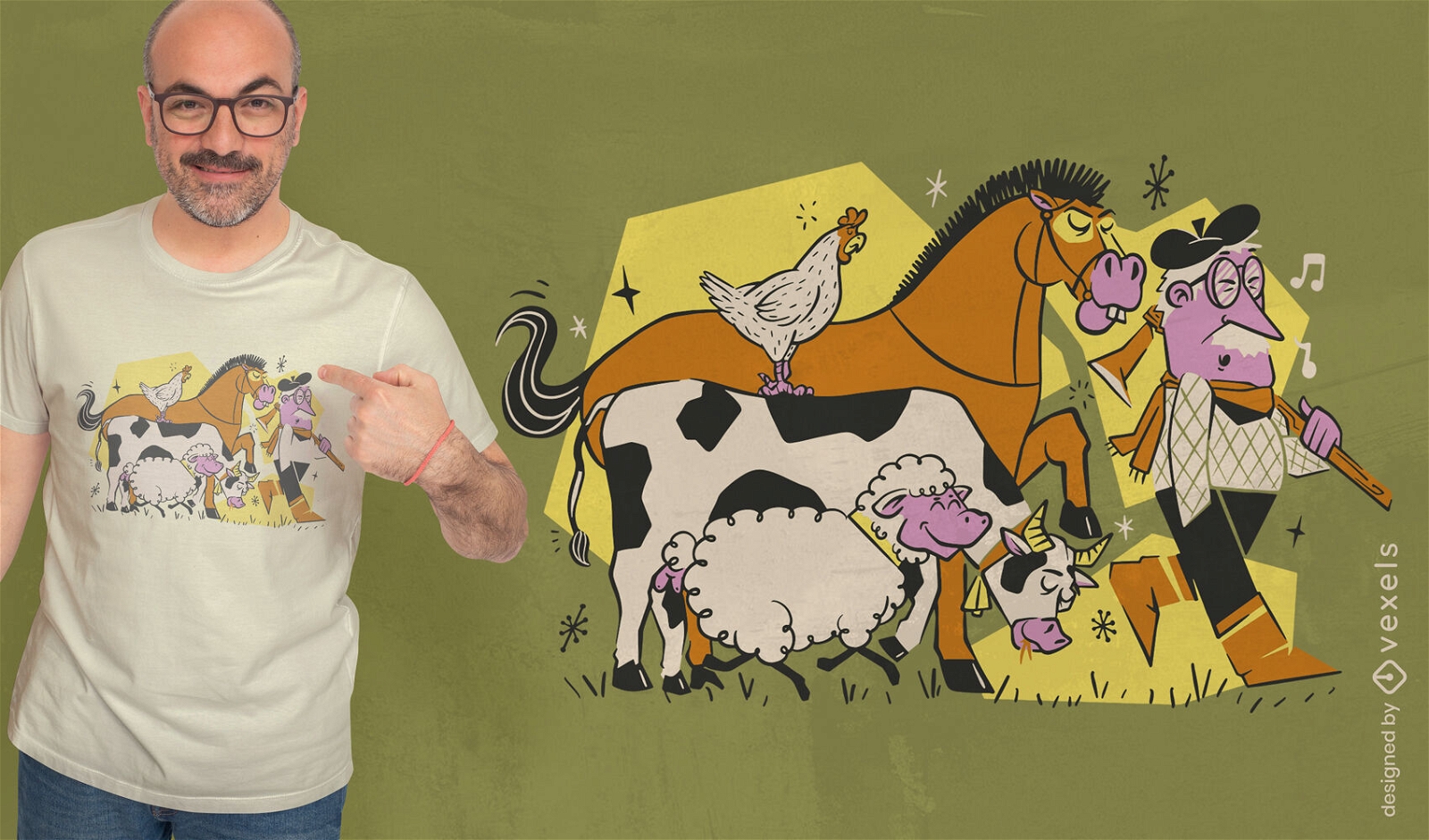 Dise?o de camiseta de dibujos animados de granjero y animales.