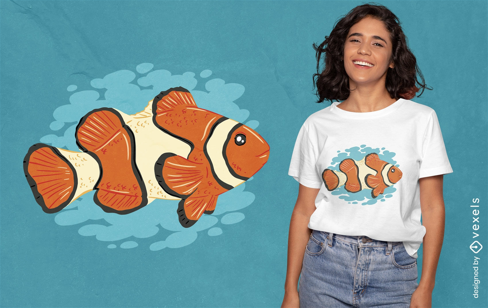 Diseño de camiseta de pez payaso nadando en el océano