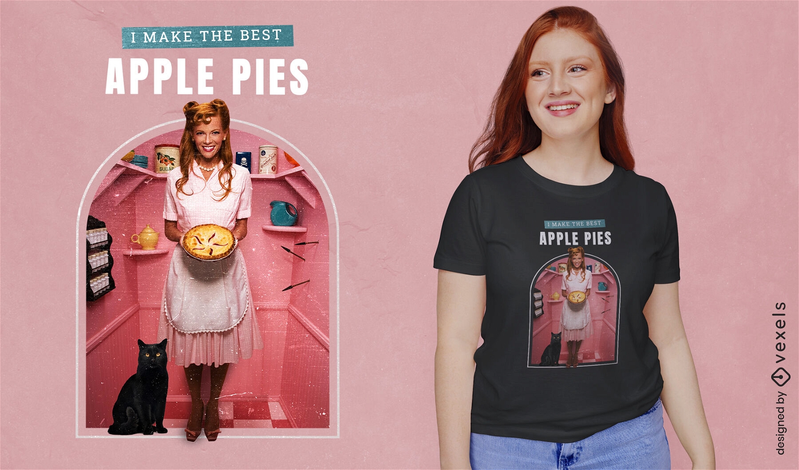 Woman with pie and cat t-shirt design
