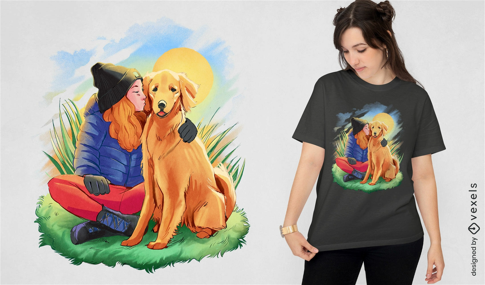 Garota com design de camiseta de cachorro golden retriever