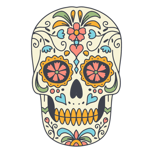 Calavera de azúcar colorida y floral. Diseño PNG