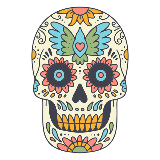 Calavera de azúcar con un pájaro. Diseño PNG