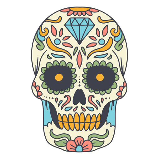 Colorful sugar skull with diamonds on it PNG Design