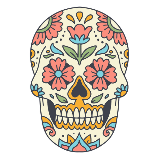 Calavera de azúcar colorida con flores rosas. Diseño PNG