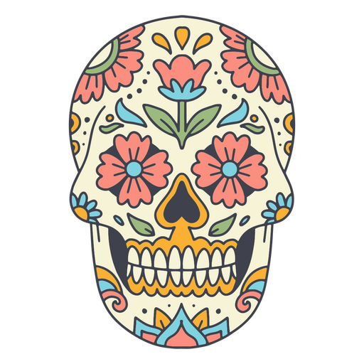 Colorful sugar skull with pink flowers PNG Design