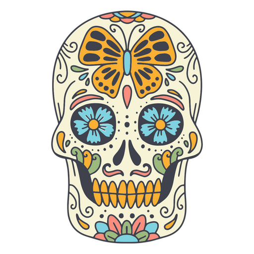 Calavera de azúcar colorida con una mariposa Diseño PNG