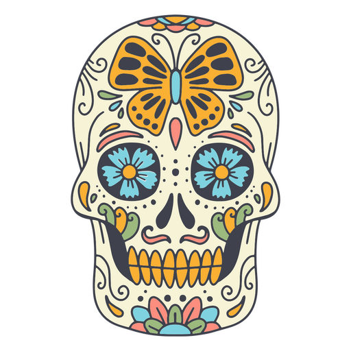Colorful sugar skull with a butterfly on it PNG Design