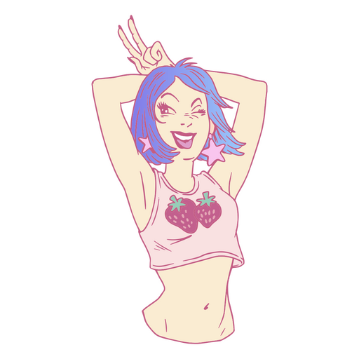 Cartoon girl with blue hair and pink strawberries PNG Design