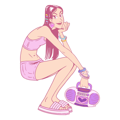 Chica en bikini rosa en cuclillas junto a un boombox Diseño PNG