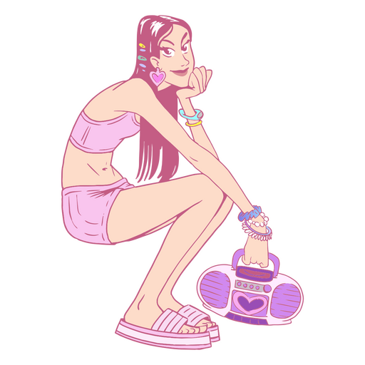 Garota de biquíni rosa agachada ao lado de um boombox Desenho PNG